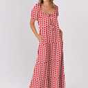 ANRABESS Women's Boho Maxi Dresses 2025 Summer Casual Floral Puff Short Sleeve Tie Front Flowy Swing Tiered Long Beach Dress (Red, M)