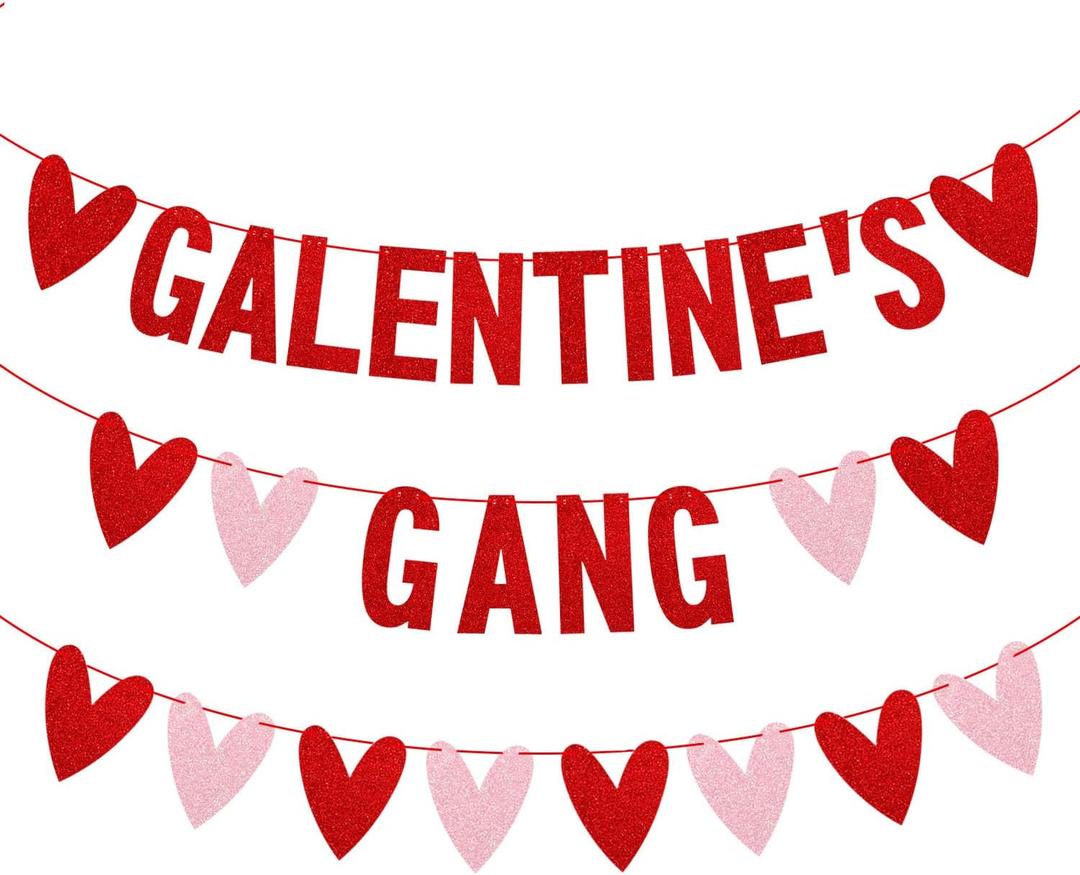 Glitter Galentines Gang Banner with Love Hearts - No DIY - Women Girl Lady Galentines Day Decorations