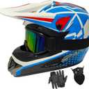 Kids Helmet for Motocross, ATV, Off-Road, Quad Bikes and BMX, DOT Approved (With Goggles, Gloves and Visor) (Blue, Medium)