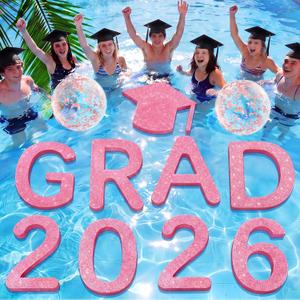 Sumind 11 Pcs Grad 2026 Pool Floating Letters, Pink Glitter EVA Foam Graduation Pool Party Decorations with Grad Cap and Beach Ball, Congrats Graduation Prom Photo Props, 12 x 16 Inches, 12.99 x 19.29"