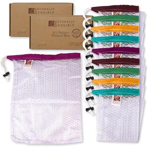 The Original Eco Friendly See Through Washable and Reusable Produce Bags - Soft Premium Lightweight Nylon Mesh Large - 12x14in - Set of 10 (Red, Yellow, Green, Blue, Purple)
