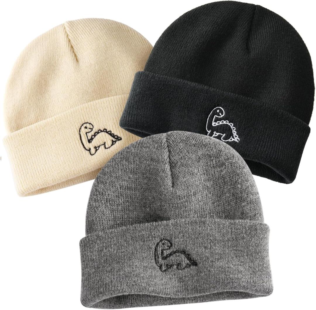 FURTALK Toddler Beanie Cute Dinosaur Pattern Winter Hat Knit Boys Girls Warm Baby Embroidered Beanies Cap for 0-3 Years (6-36 Months, Beige+grey+black)