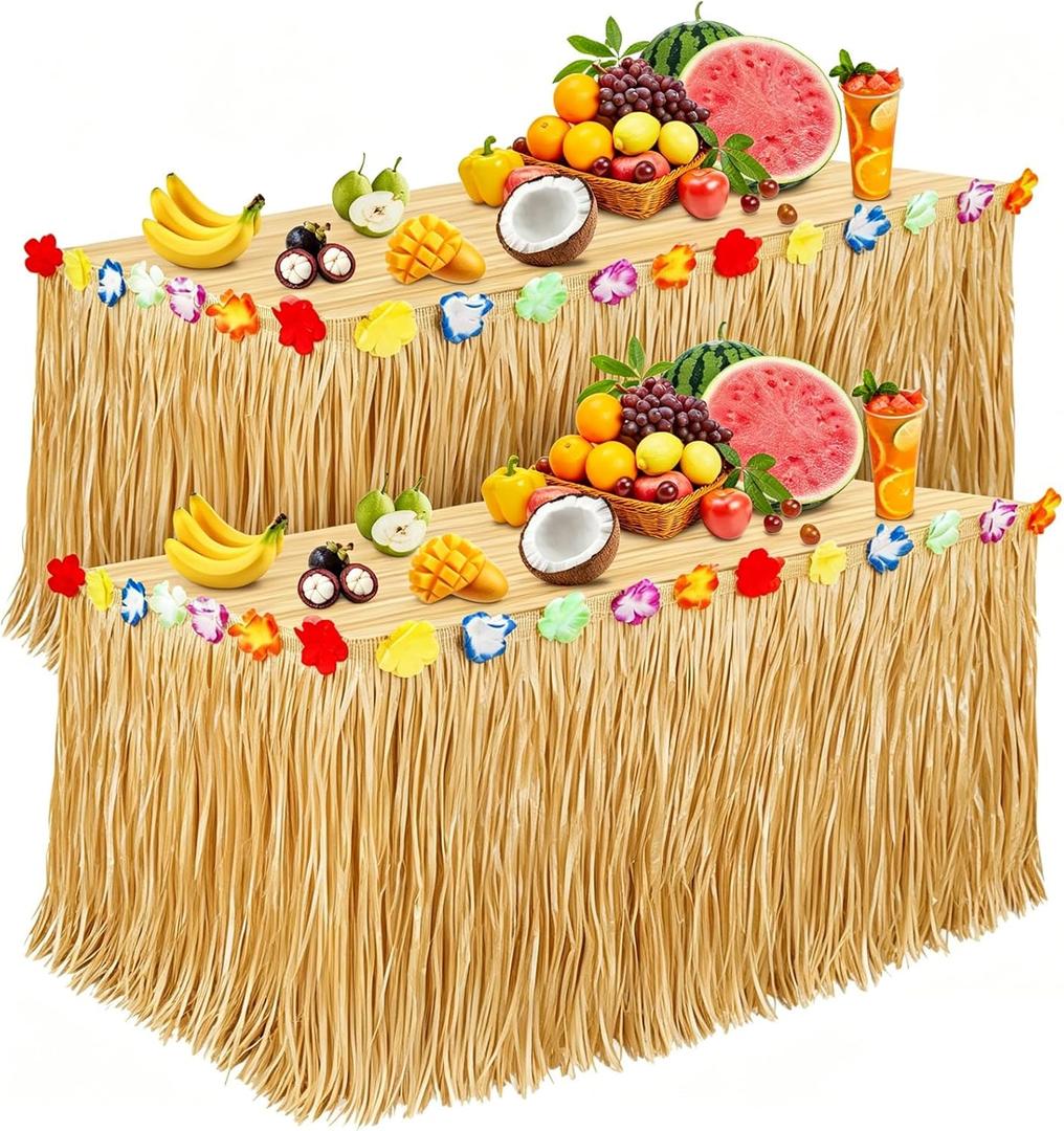 Luau Party Decorations, Grass Table Skirt for Tropical Hawaiian Party Decorations, Flower 72.8'' X 29.5'' Hawaiian Luau Party Favors & Aloha Summer Beach Themed Party Decorations Suppplies