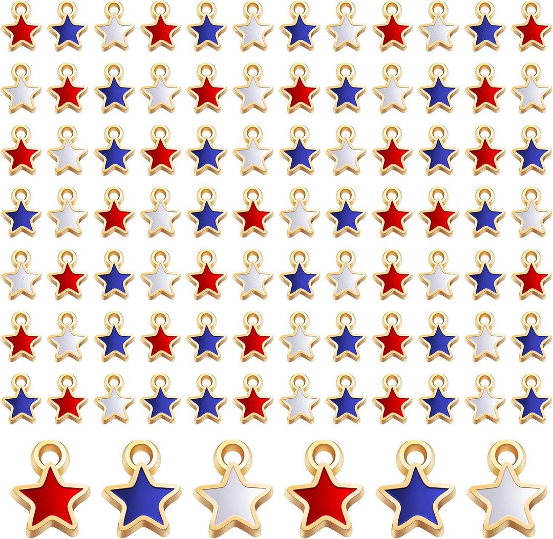Kenning 108 Pcs 4th of July Patriotic Mini Star Charms for Jewelry Making Women Red Blue White Enamel Pendant 250th Anniversary Independence Day Decorations for Necklace Bracelet Earrings DIY Craft