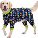LovinPet Big Dogs PJS Onesies, Blue Triangle Print, Post Surgery Shirt, UV Protection, Pet Anxiety Relief, Wound Care Onesie for Large Dog,3XL (Green)