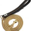 Strong Dog Chain Gold Leash Long 3FT 4FT 5FT 18K Stainless Steel 12mm Curb Cuban Link Dog Leash with Comfortable Genuine Leather Handle (Gold, 5FT)