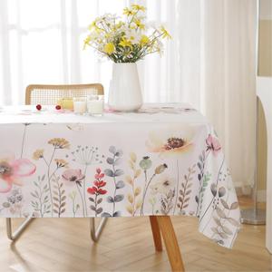 Spring Tablecloths for Rectangle Tables, 52x70 Inches, Wrinkle Free Machine Wash Polyester Floral Table Cover Watercolor Wild Flowers Spillproof Oblong Table Cloth for Spring & Summer Daily Use
