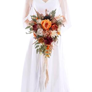 12 Inch Cascade Wedding Bouquets for Bride, Fall Burnt Orange Cascading Bridal Bouquet for Wedding Silk Artificial Flowers