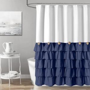 Seasonwood Navy Blue and White Shower Curtain 72 x 72 with Nature Buttons Farmhouse Shower Curtain for Bathroom French Country Style, White and Navy Blue