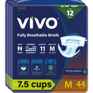VIVO Organic Cotton Overnight Sensitive Skin Adult Incontinence Diaper Briefs with Tabs, Medium 44 Count