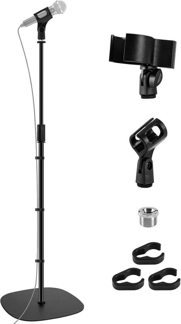 BILIONE Microphone Stand Floor, 22''-70'' Height Adjustable Boom Mic Stand with Weighted Base, 2 Clips & 3/8'' to 5/8'' Adapter Compatible with Blue Yeti HyperX QuadCast Shure SM58