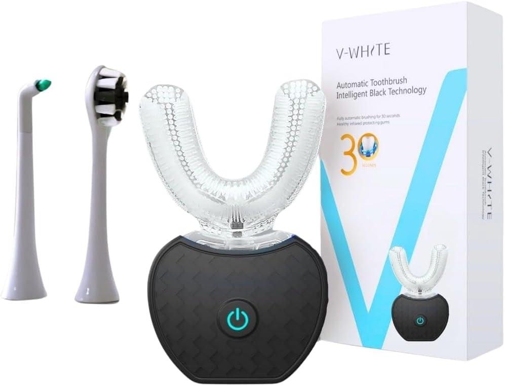 V-WHITE Adults Auto Brush Ultrasonic U-Shaped Toothbrush 360 Teeth Cleaning, Hands-Free Electric Autobrush Gum Protection, Waterproof IPX7, Wireless Charging