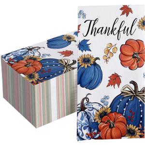 100 PCS Thanksgiving Thankful Paper Napkins, Fall Blue White Pumpkin Hand Towels Decorative Disposable Dinner Guest Napkins, Autumn Sunflower Kitchen Dinning Table Party Decor 8 x 4 Inch