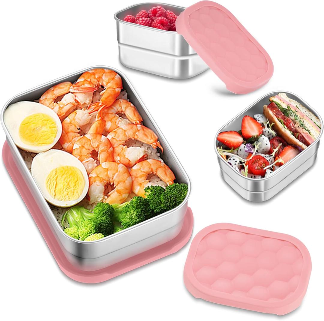 HaWare 8oz*2+25oz Stainless Steel Lunch Box for Kids, Leak Proof Lunch Container with Silicone Lids, Easy Open Food Storage Bento Box for School and Daycare, Dishwasher Safe (Pink)