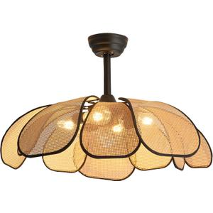 26 Inch Fandelier Rattan Ceiling Fans with Lights and Remote,Boho Black Chandelier Ceiling Fan for Dining Living Room,Bedroom,Kitchen,4-Light, Medium