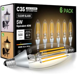 Dusk to Dawn Light Bulbs Outdoor: 5W Equivalent 40W, Candelabra B11 Light Bulb, 3000K Warm White, Edison LED Bulbs E12 Base, Lighting Sensor, Auto On/Off for Porch Patio Garage, 6 Pack