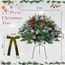 2 Pack 18" Lighted Outdoor Christmas Urn Filler with Remote & Timer, 60 LEDs Pre-lit Snowy Artificial Xmas Tree Planter Insert, Velvet Bows for Front Porch, Yard Decor(Olive Green)