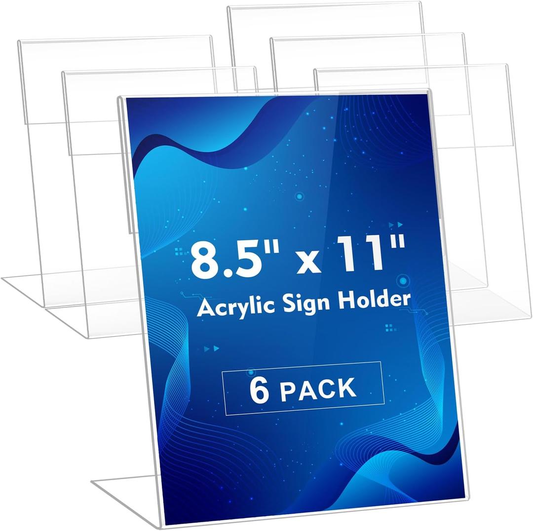Comix Acrylic Sign Holder 8.5x11 Inches, 6 Pack L Shape Table Paper Stand | Clear Slanted Black Plastic Display Stand, Vertical Menu Flyer Holder for Cafe, Restaurants, Store Fair, Office, Wedding