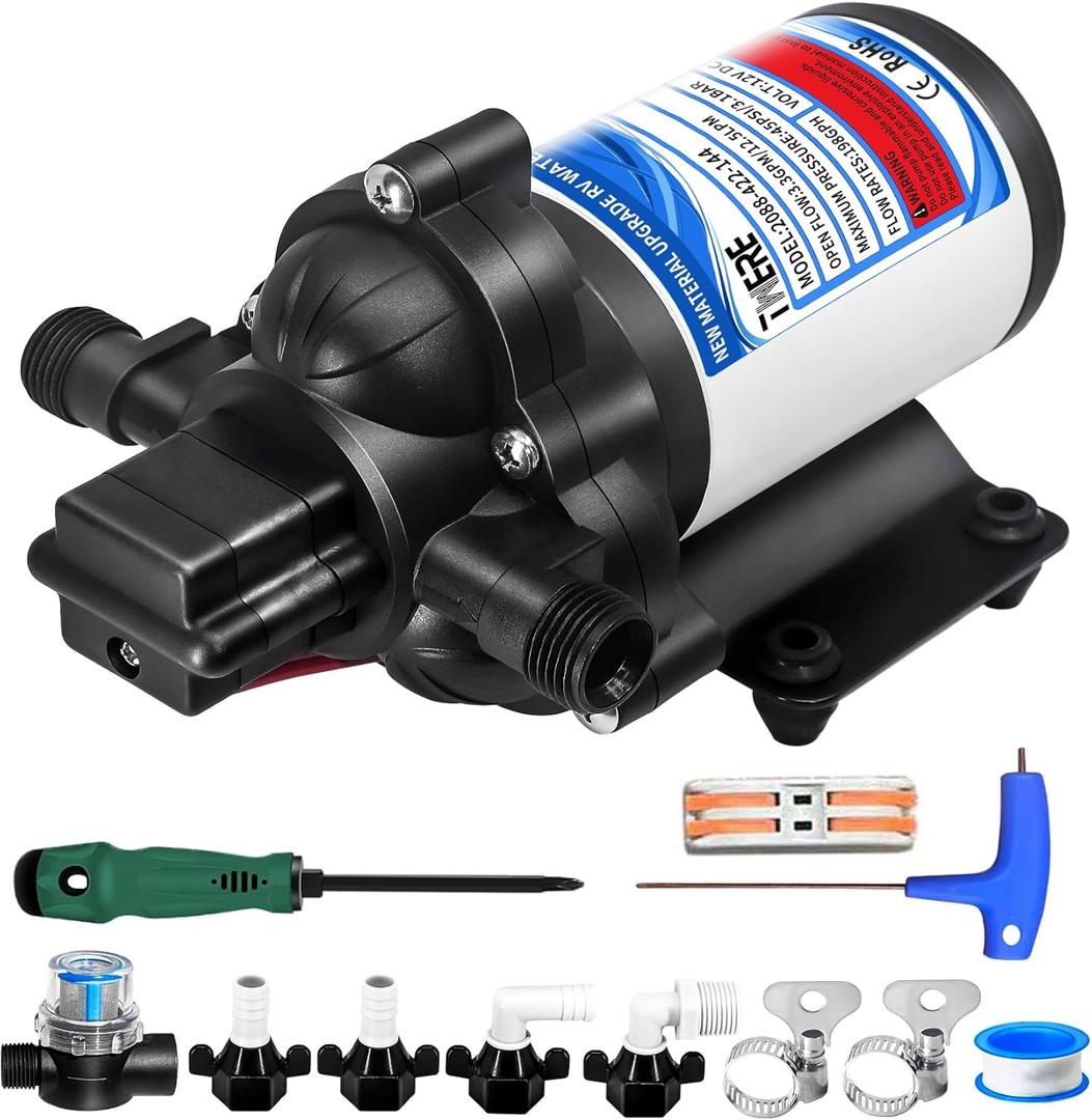 2025 Upgrade 2088-422-144 RV Fresh Water Pump,12 V 45 PSI 3.3 GPM Diaphragm Pump with Pressure Switch and Detachable Filters,1/2MNPT Connection for RV Marine Yacht