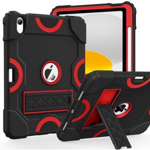 Cantis Case for iPad 11-inch (A16) 2025/ iPad 10th Generation 2022 (10.9 inch), Shockproof Cover 10th Generation with Pencil Holder & Kickstand, Black+Red+Black