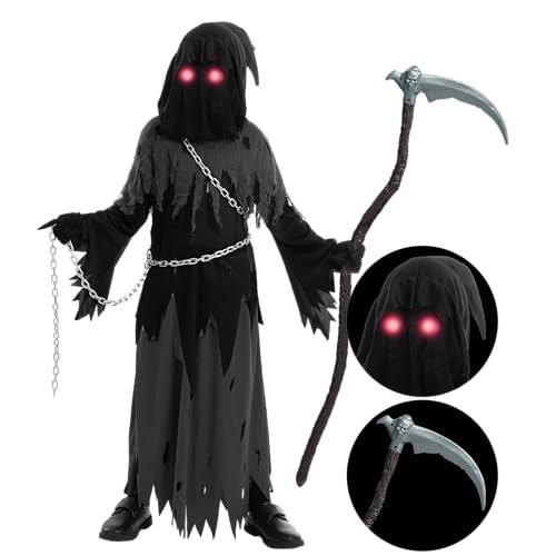 Spooktacular Creations Glowing Eyes Grim Reaper Costume for Kids, Halloween Costume for Boys, Halloween, Dress-up Party. Size XL