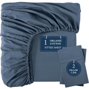 LANE LINEN Full Size Fitted Sheet, 100% Organic Cotton, 3Pc Set (1 Fitted Sheet,2 Pillowcases), Percale Weave, Bottom Sheet, Breathable, Fits Mattress Upto 15" Deep - Navy(No Flat Sheet)