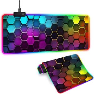 XL RGB Gaming Mouse Pad with 14 Light Modes - Light Up Gamer Mouse Pad,31.5 x 11.8in Non-Slip Honeycomb Style Led Large Gamer Mousepad, Black Long Glowing Gaming Accessories for Desk, Waterproof