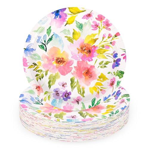 Elyxio 48Pcs Floral Paper Plates Spring Summer Flowers Disposable Party Dessert Plate 7" Watercolor Purple Pink Bouquet Meadow Plates for Birthday Wedding Baby Bridal Shower Party Supplies (48)