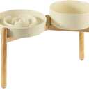 Havniva 3.2 Cup Ceramic Raised Slow Feeder Dog Bowl Set, Elevated 8.2inch Bowl and 9.5inch Puzzle Slow Food Dish with Wooden Stand for Large Dog, Anti-Gulping (2 xLight Yellow+ Stand)