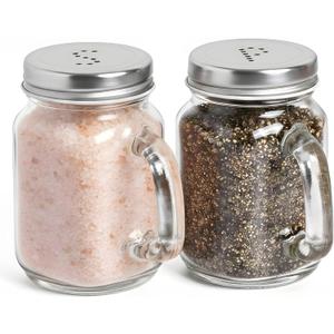 Mason Jar Salt and Pepper Shakers  Vintage Glass Condiment Dispenser Set with aluminum Lids, 4 oz Refillable Farmhouse Kitchen Decor (2 Pack)
