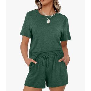 2 Piece Outfits for Women Crewneck Short Sleeves Tops Summer Casual Drawstring Shorts Athletic Outfit Sets 2XL