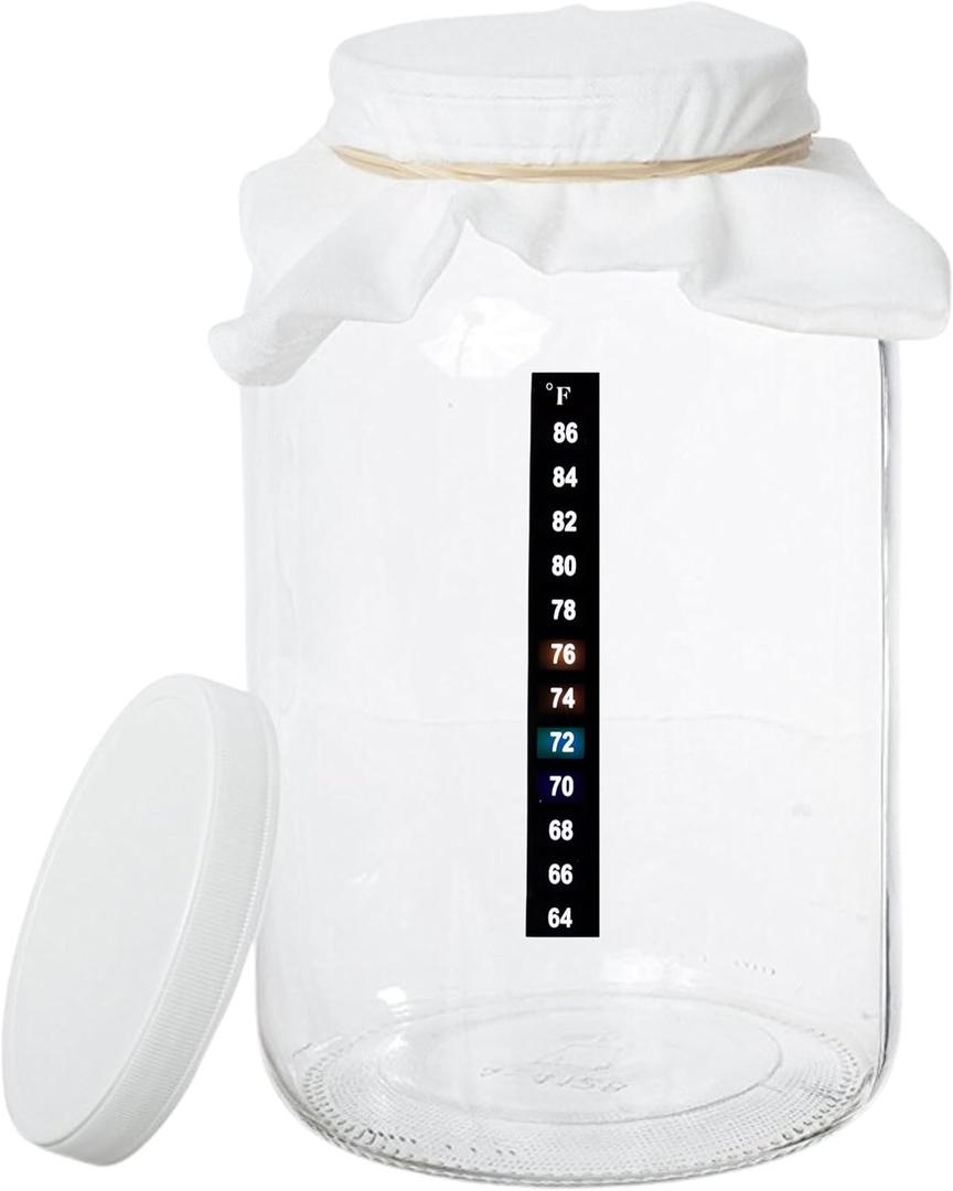 kitchentoolz 1 Gallon Glass Kombucha Jar & Fermentation Jar  for Sourdough Starter, Home Brewing, and Fermenting  Includes Cheesecloth Cover, Rubber Band, Plastic Lid & Adhesive Thermometer