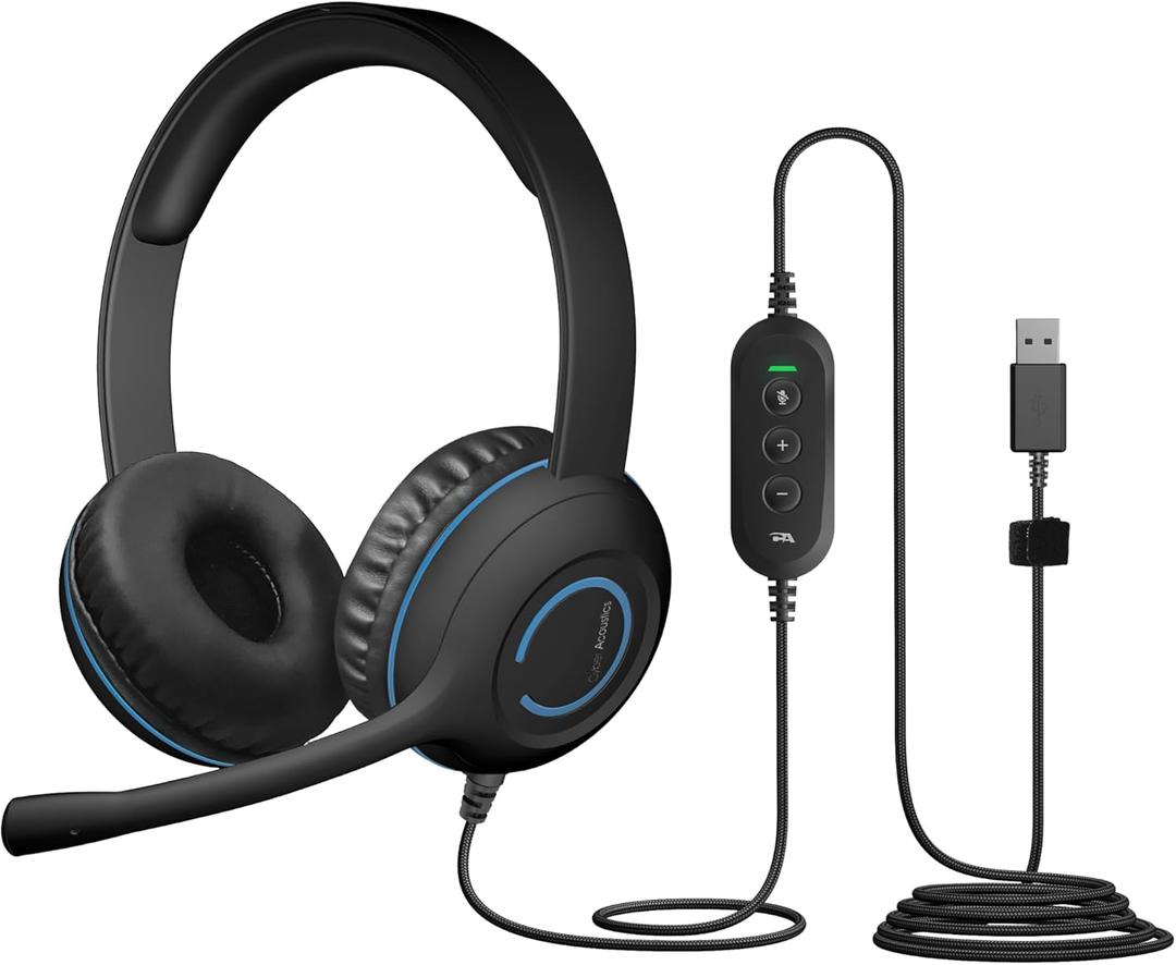 Cyber Acoustics Stereo USB Headset (AC-5008A), in-line Controls for Volume & Mic Mute, Adjustable Mic Boom for PC & Mac, Perfect for Classroom or Home