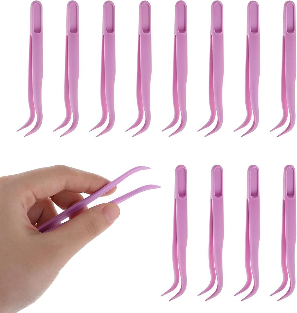 JJUNW 12pcs Plastic Tweezers, 4.5 Inch Bent Tweezers for Kids DIY Jewelry Making, Crafts, Baking Decoration, Reptile Feeding, Purple