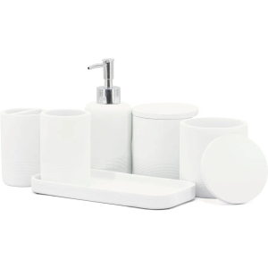 ZCCZ - White Bathroom Accessories Set 6 Pcs - Toothbrush Holder, Lotion Soap Dispenser, 2 Qtip Holder Dispenser, Vanity Tray, Bathroom Tumbler - Decorative Countertop Vanity Organizer