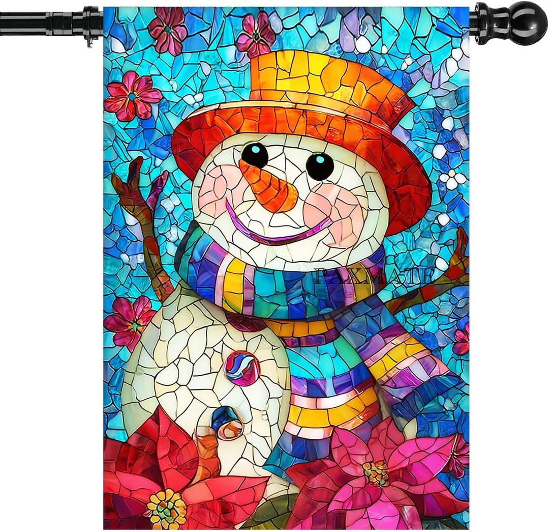 Stained Glass Snowman Christmas House Flag 28x40 Inch Double Sided for Outside, Large Burlap Winter Yard Flag Seasonal Outdoor Farmhouse Decoration