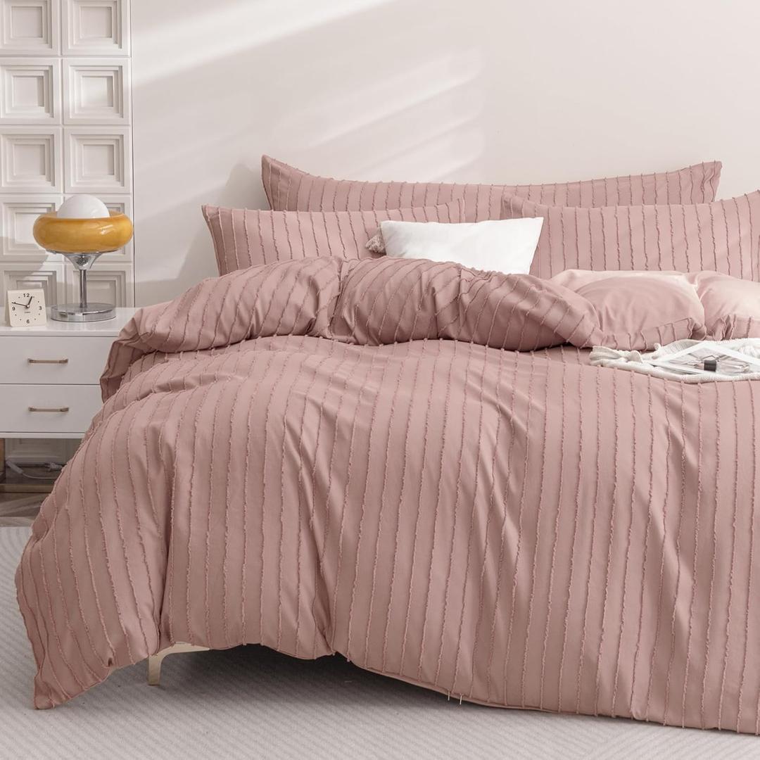 JELLYMONI Duvet Cover Queen Size Smokey Pink - 3PCS Boho Striped Duvet Cover Set Polyester Tufted Bohemian Textured Comforter Cover 9090in with Corner Ties & Zipper and 2 Pillowcases