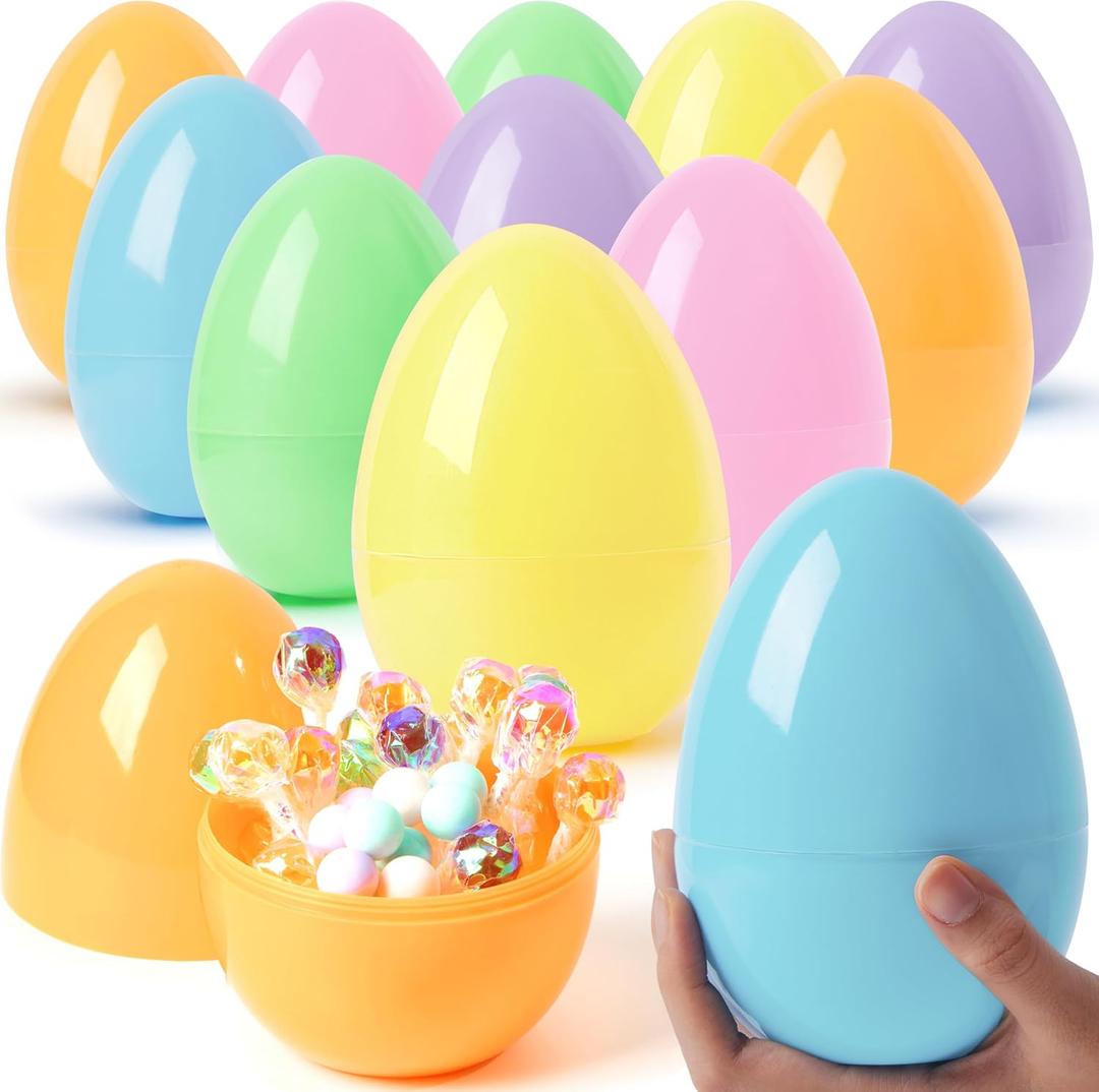 JOYIN 12 Pcs Large Pastel Easter Eggs, 6 Inches Jumbo Plastic Eggs Fillable for Easter Themed Hunt Colorful Basket Stuffers Fillers Filling Treats Party Favor Classroom Prize Supplies