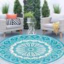 Cekene Reversible Outdoor Patio Rugs 6Ft Waterproof Round Outdoor Rugs with Carry Bags Lightweight Plastic Straw Rugs Blue Portable RV Camping Mat Floor Carpet for Deck Porch Picnic BBQ