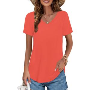 Elesomo Womens T Shirts V Neck Summer Short/Long Sleeve Cotton Tops Tees L