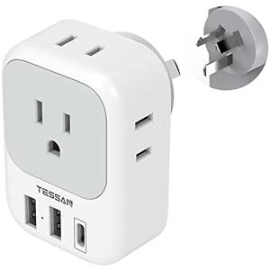 Australia New Zealand Power Adapter, TESSAN Type I Travel Adaptor with 4 American Outlets 3 USB Charger (1 USB C Port), Plug for US to Australian China Argentina Fiji Cook Islands AU