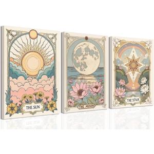 Sun and Moon Celestial Wall Art Set of 3 Vintage Tarot Astrology Canvas Wall Decor Sun Flower and Full Moon Lotus Posters Prints Picture Painting for Living Room Bedroom 12x16 In Framed