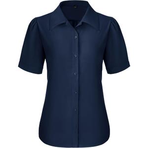 Button Down Shirts for Women Puff Short Sleeve Button Up Dress Shirts Collared Fitted Blouse Work Business Top (Medium, Navy Blue)