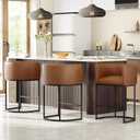 26" H Counter Height Bar Stools Set of 2, Modern Barrel Counter Stools with Backrest and Arms, Faux Leather Upholstered Accent Barstools for Kitchen Island,Support 450 LBSWalnut Brown