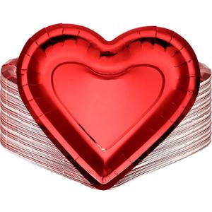 Cunhill Valentines Day Paper Plates Thick Heart Shaped Plates Red Disposable Party 10.6 Inch Large Thick Red Paper Salad Dessert Cake Bridal Shower Decorative for Wedding(50 Pieces)