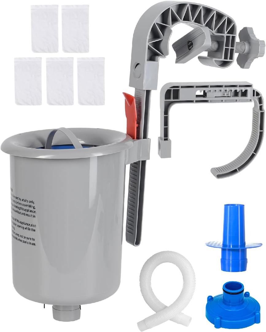 Above Ground Pool Skimmer - Wall Mount & Floating Pool Surface Skimmer for Leaves/Debris, Fits Inflatable/Metal Frame Pools with Adjustable Height Bracket, Basket and Hose (5 Socks Included)