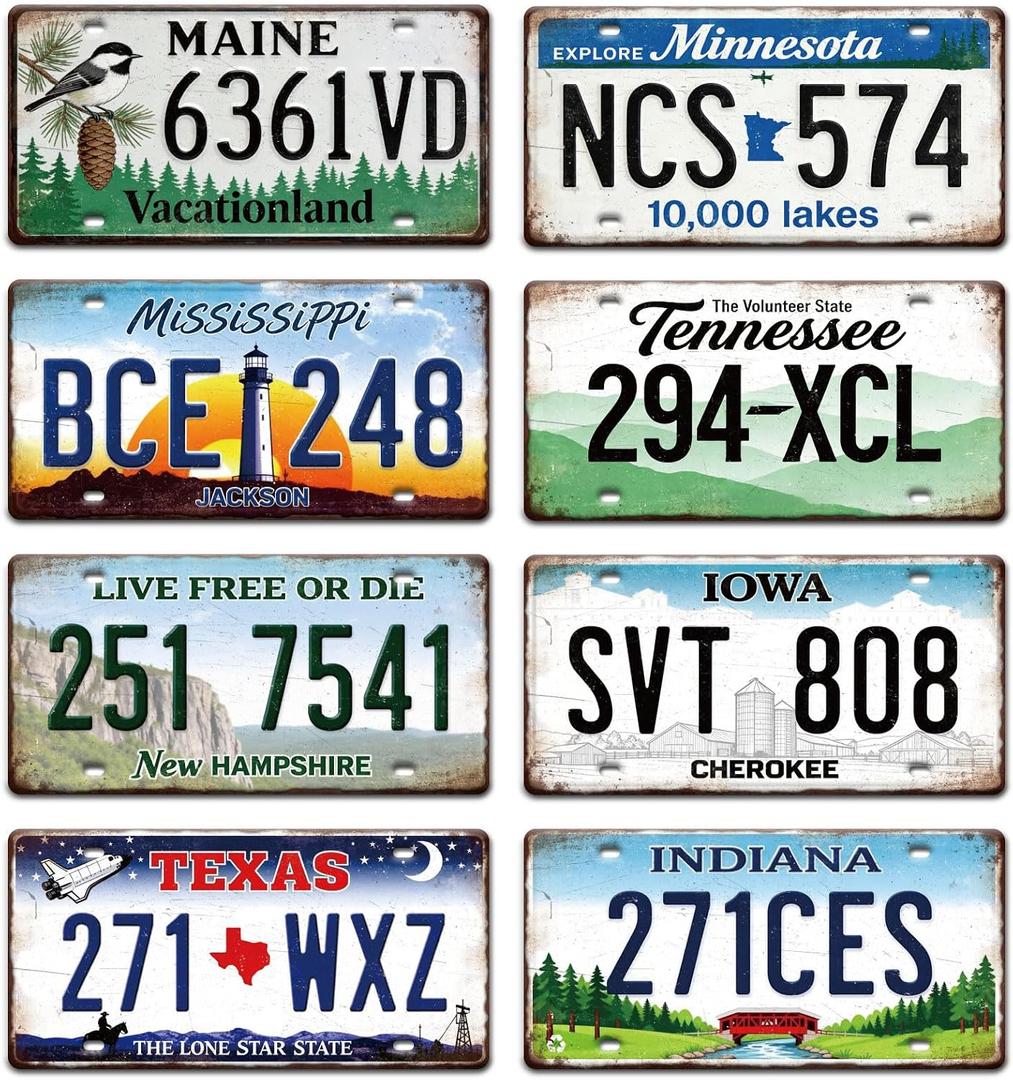 GLOBLELAND 8 Pcs Retro Americana Vintage License Plate Sign Sets, 11.8×5.9 inch/30x15 cm