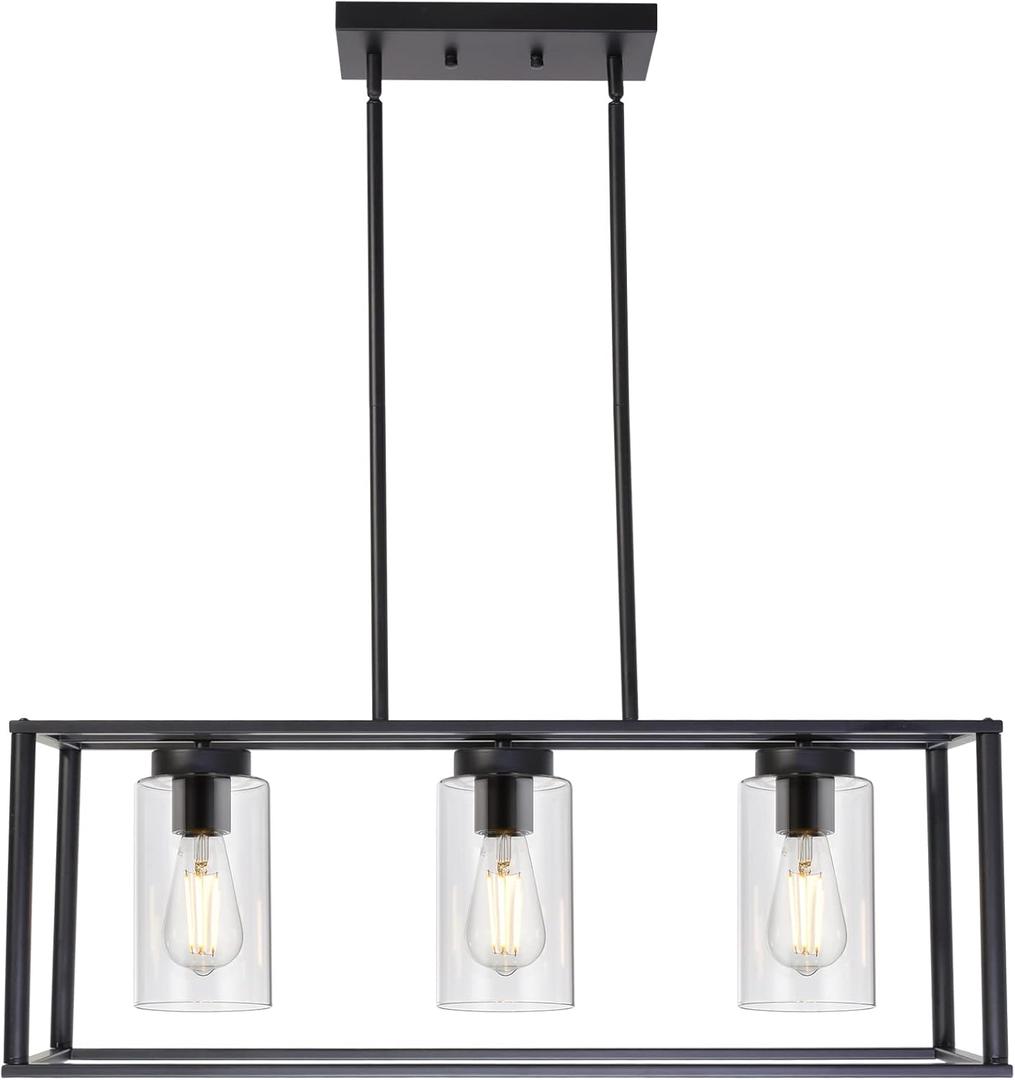 VINLUZ Contemporary Chandeliers Black 3 Light Modern Dining Room Lighting Fixtures Hanging, Kitchen Island Cage Linear Pendant Lights Farmhouse Flush Mount Ceiling Light with Glass Shade VINLUZ Contemporary Chandeliers Black 3 Light Modern Dining Room Lighting Fixtures Hanging, Kitchen Island Cage Linear Pendant Lights Farmhouse Flush Mount Ceiling Light with Glass Shade