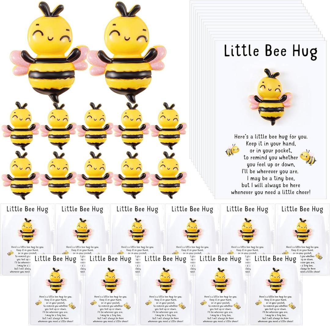 XunYee 30 Sets Pocket Hug Bee Themed Gifts Back to School Bee Party Favors Appreciation Gifts for Employee Staff Coworker Adults Goodie Bag Stuffers Mini Resin Pocket Hug Positive Cards with Bags