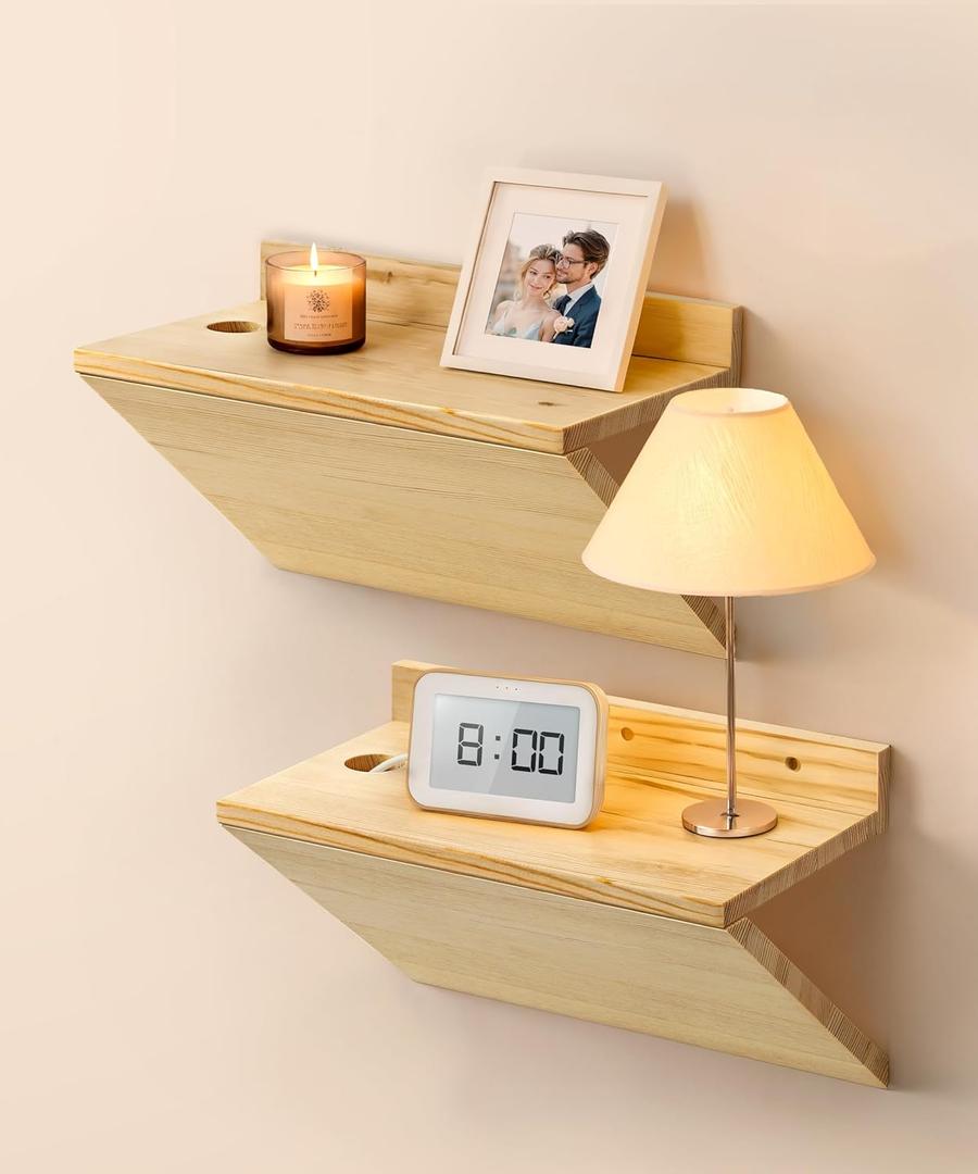 Floating Nightstand, Rustic Wooden Floating Bedside Table Z-Shape Wall Mounted Nightstand Small Hanging Night Stands for Bedroom (2, Natural Wood)
